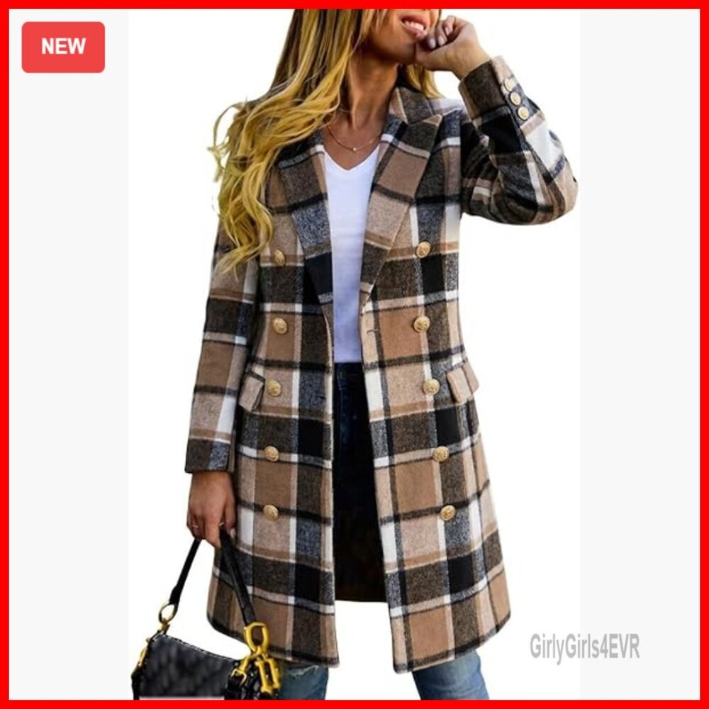 Long Wool Pea Coat Double Breasted Trench Plaid Fall Winter Casual